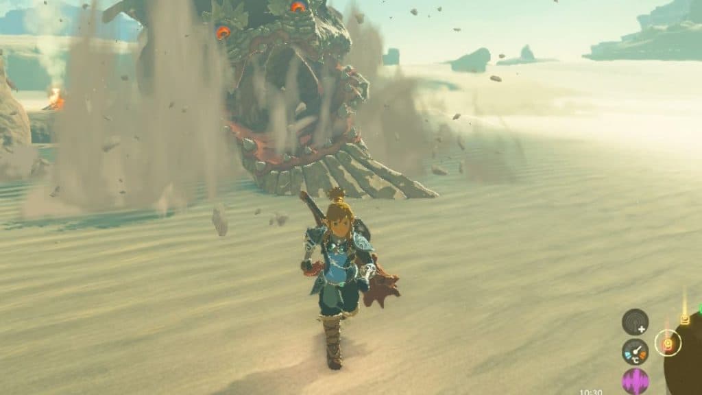 Link running away from Molduga in Zelda: Tears of the Kingdom