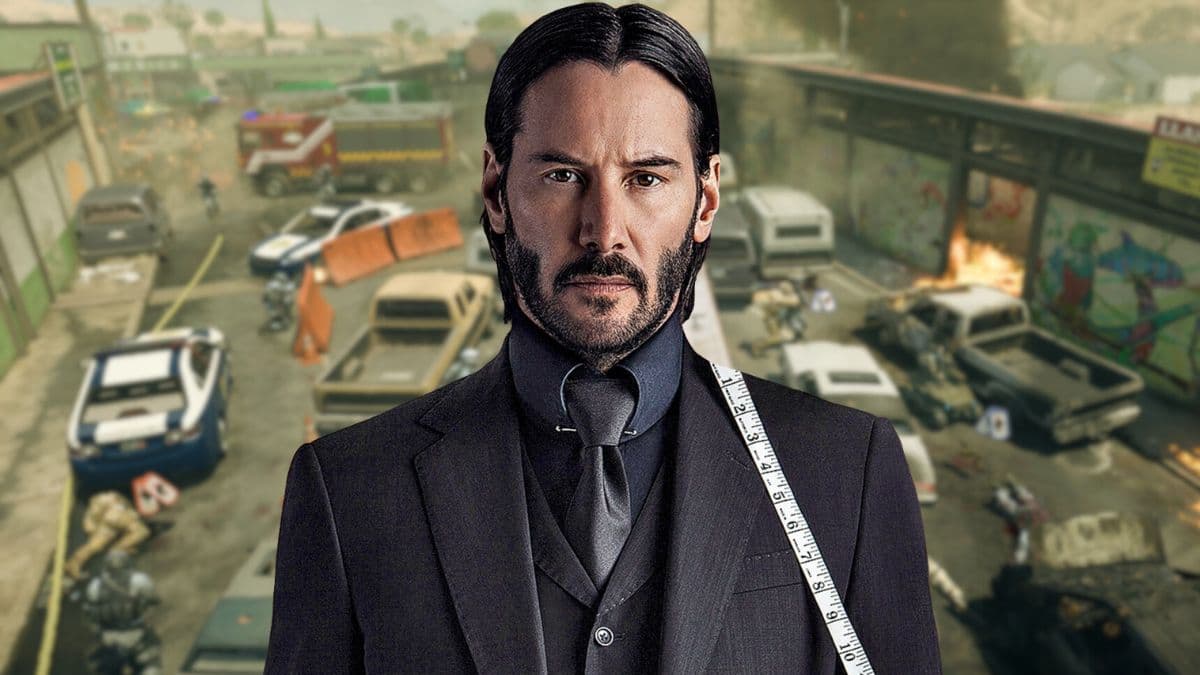 John Wick in front of Modern Warfare 2 map