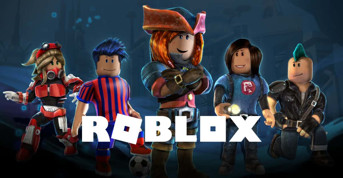 Roblox logo with various Roblox characters standing in the background.