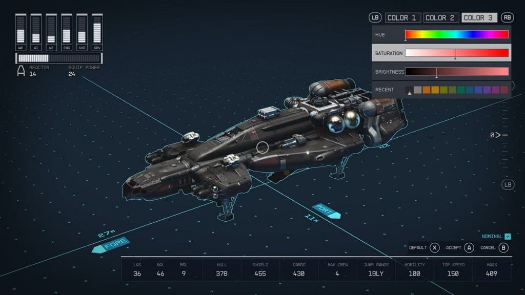 Ship menu in Starfield