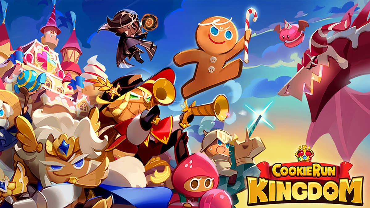 Various Cookies fighting a dragon in Cookie Run Kingdom key art.