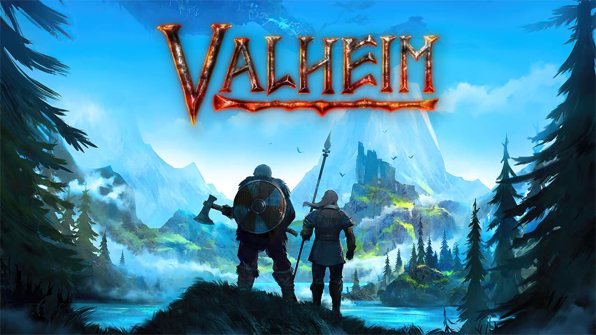 Valheim thumbnail featuring two characters looking at a lake with the game's logo on top.