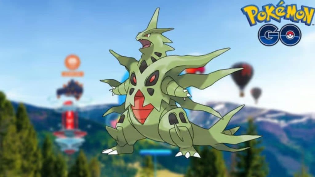 mega tyranitar pokemon go with raid battle gym background