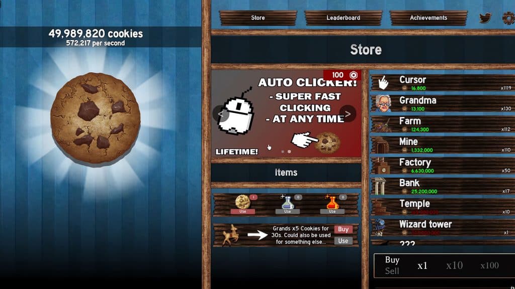 Screengrab of Roblox Cookie Clicker with the cookie on the left and the store on the right.