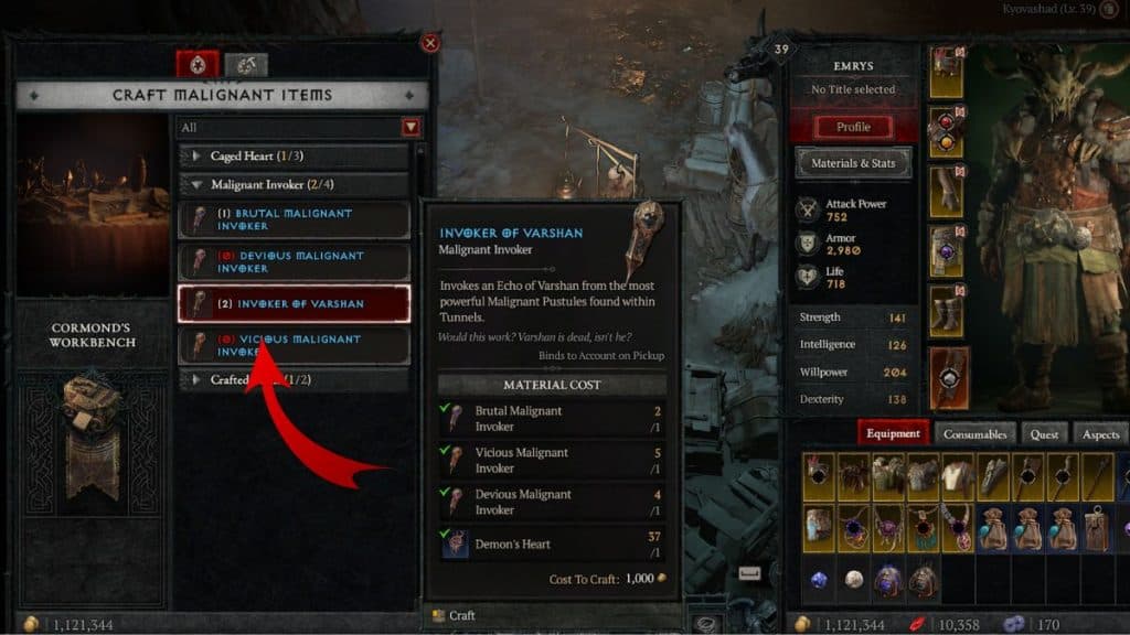 Crafting recipe for the Invoker of Varshan in Diablo 4 Season 1