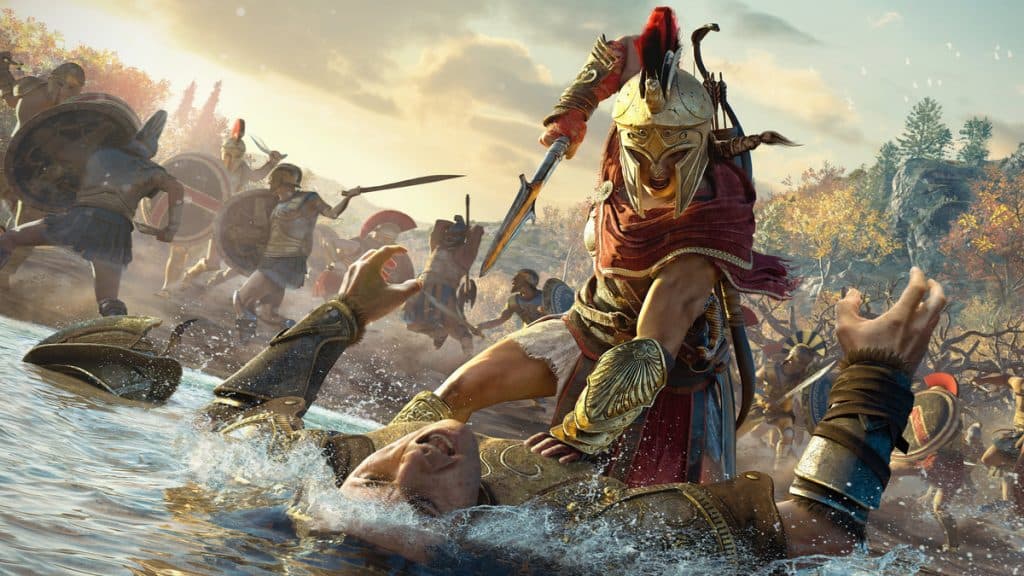 Kassandra figinitng a guard in Assassin's Creed Odyssey