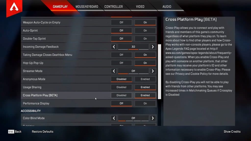 Crossplay toggle in Apex Legends.