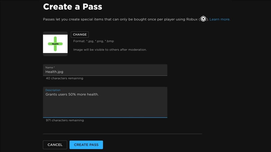 Gamepass creation page on Roblox.