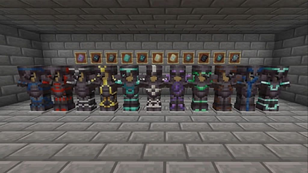 Several armor sets with armor trims in Minecraft.