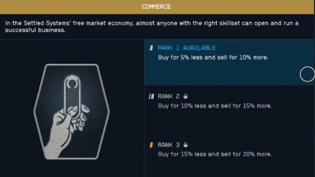 Commercial Skill menu in Starfield