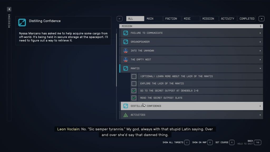 Missions Menu in Starfield