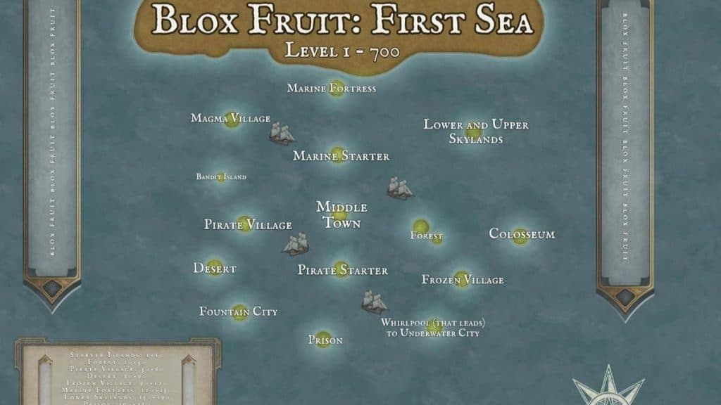 Map of the first sea in Roblox Blox Fruits