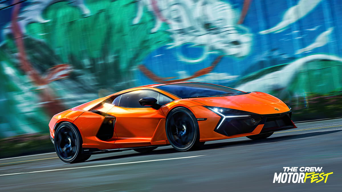 Lamborghini Revuelto racing with graffiti in the background in The Crew Motorfest