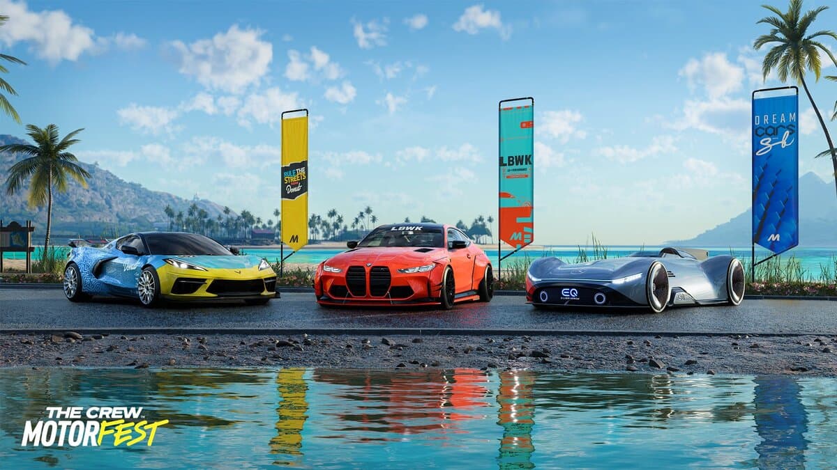 Three cars lining up with their banners in The Crew Motorfest