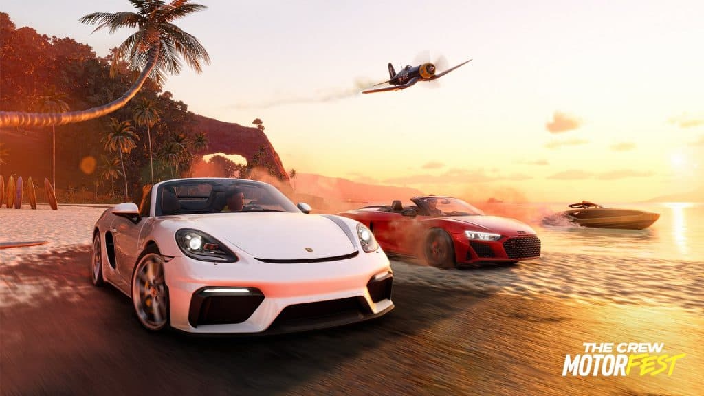 White and red car racing in beach in The Crew Motorfest