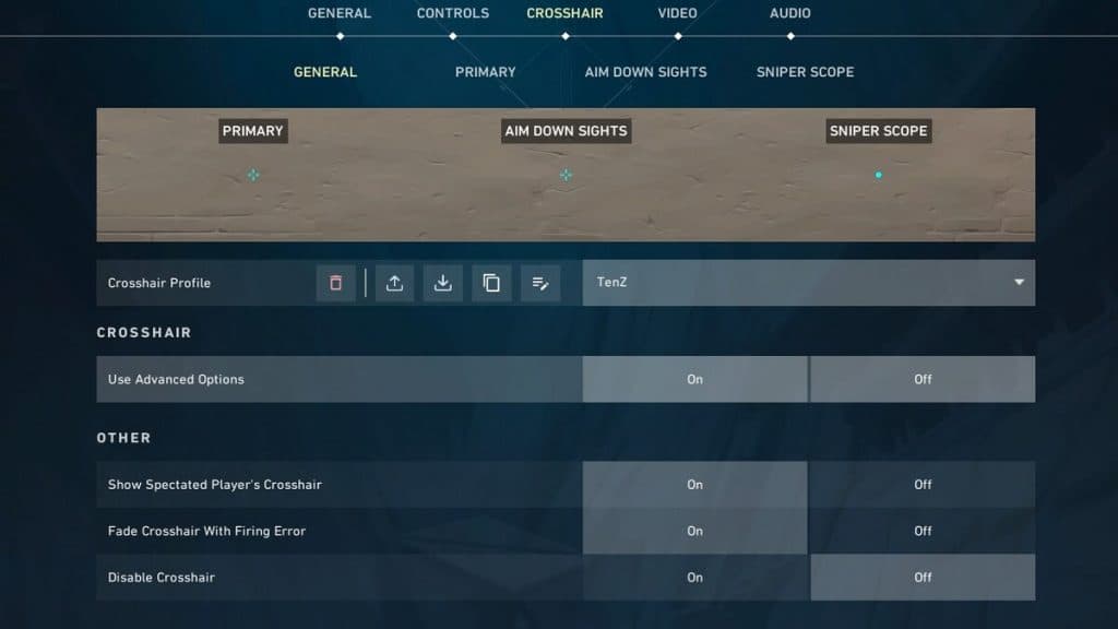 TenZ crosshair code imported in Valorant settings