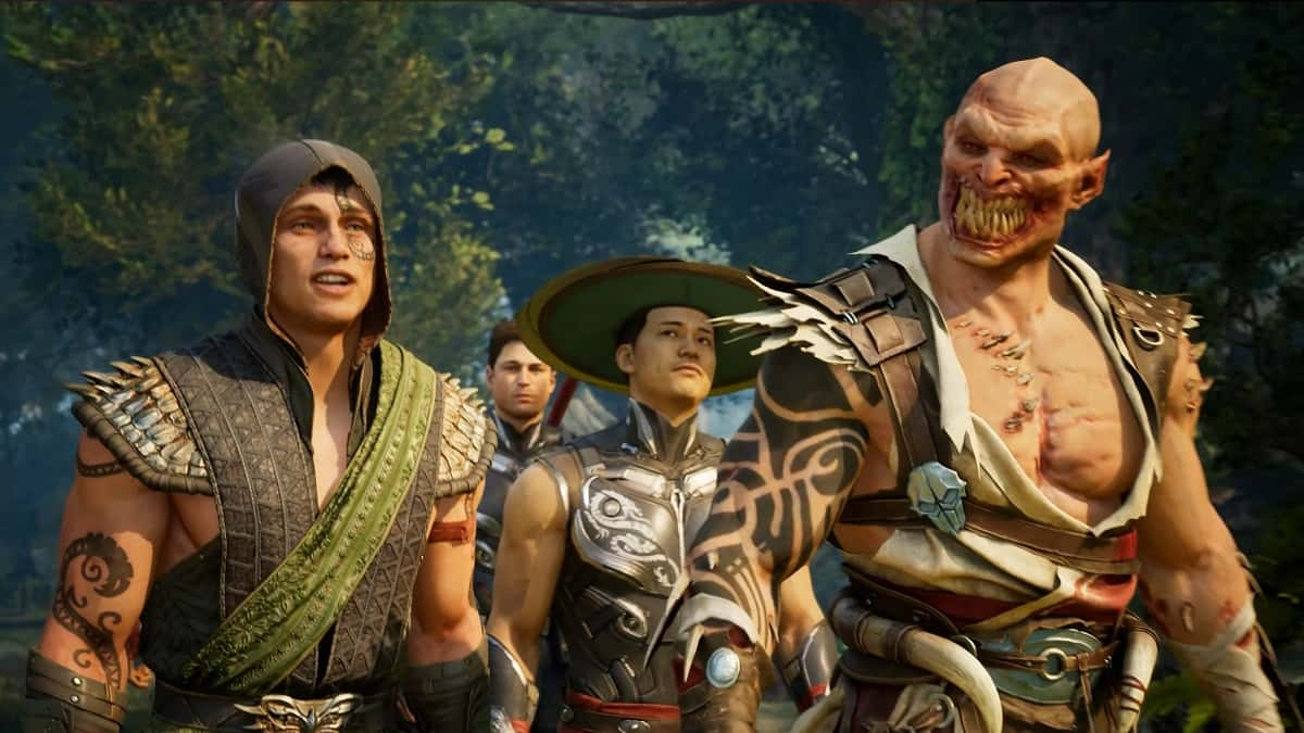 Mortal Kombat 1 cutscene with Reptile, Johnny Cage, Kung Lao, and Baraka