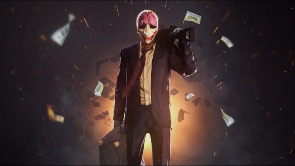 A Payday 3 character with a bag of money.