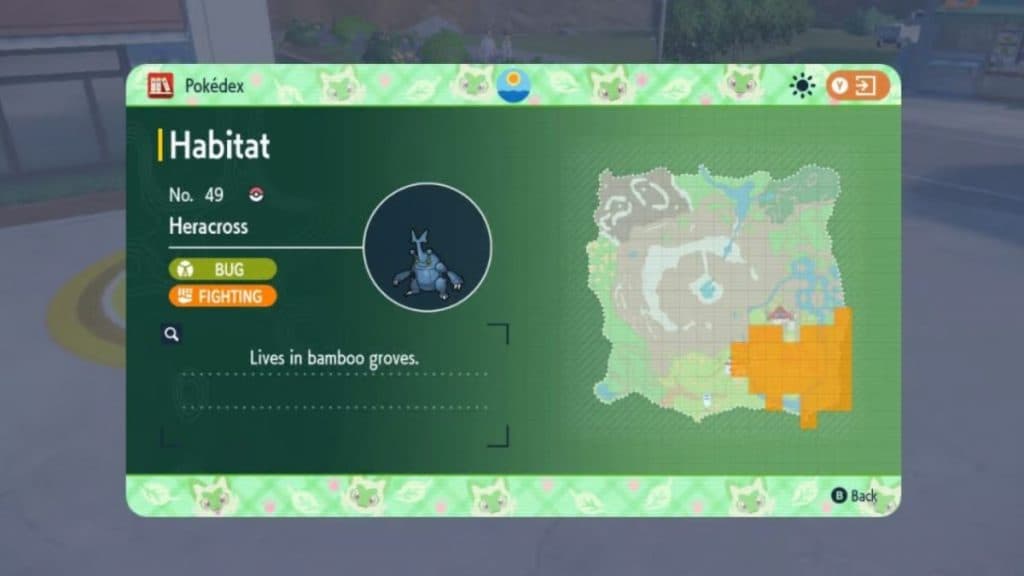 pokemon scarlet and violet teal mask dlc heracross habitat on the kitakami island map