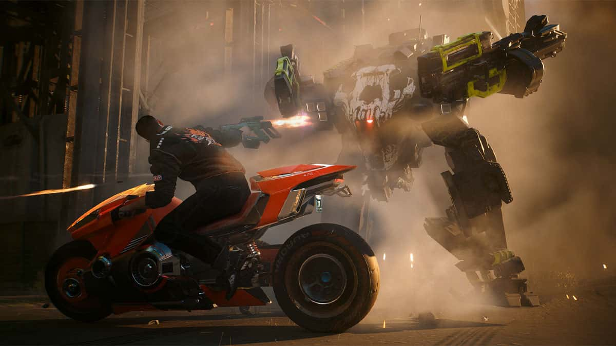 V on motorcycle fighting mech in cyberpunk 2077