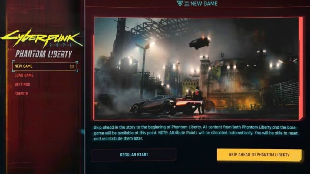 Cyberpunk 2077 main menu after installing Phantom Liberty DLC