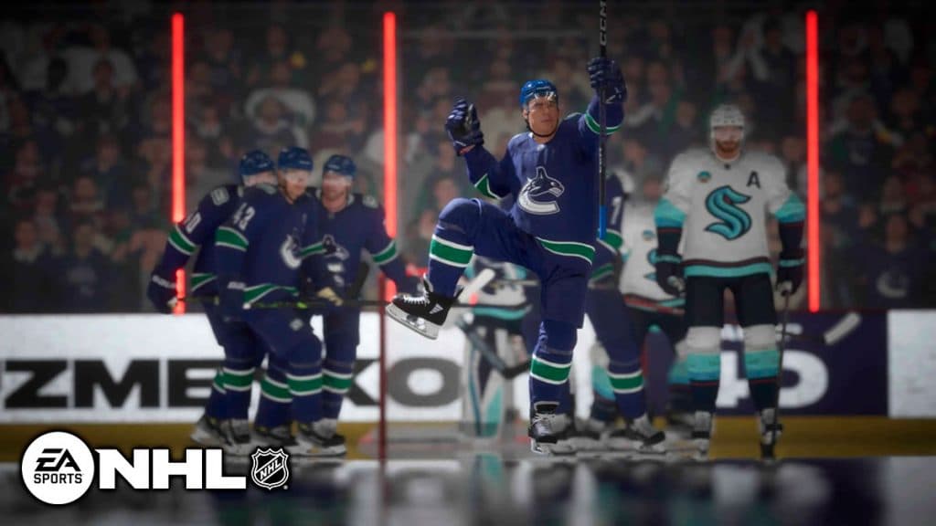 Vancouver Canucks' player celebrating NHL 24