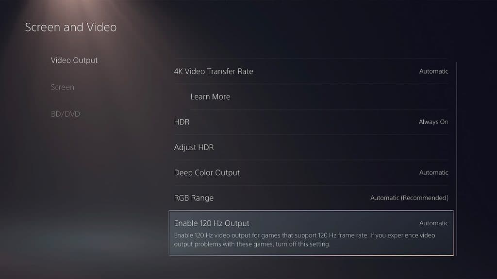 PS5 120Hz setting