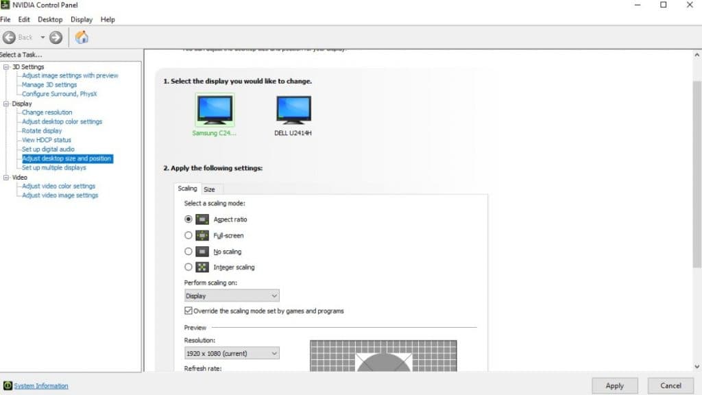 Nvidia Control Panel settings with Scaling mode options