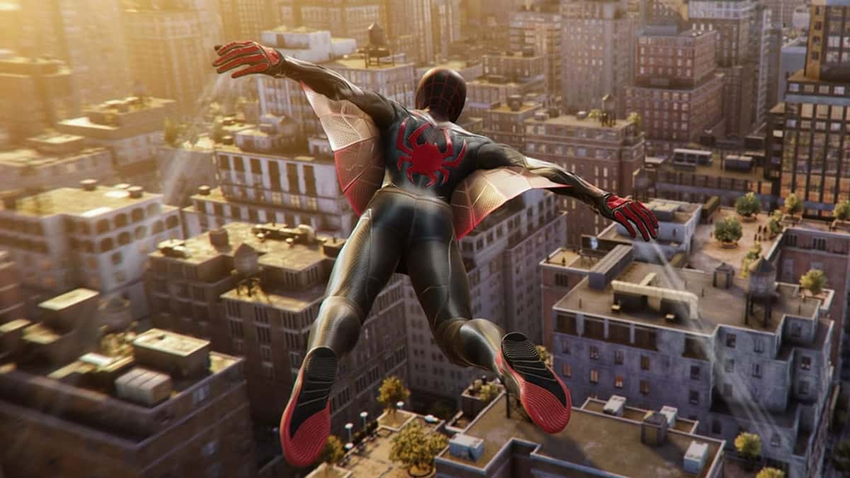 Miles Morales flying with web wings in Spider-Man 2.