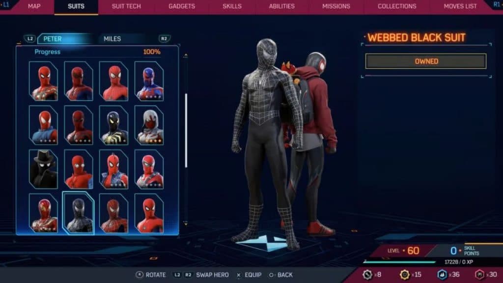 webbed black sam raimi suit in suit selection menu in spider-man 2