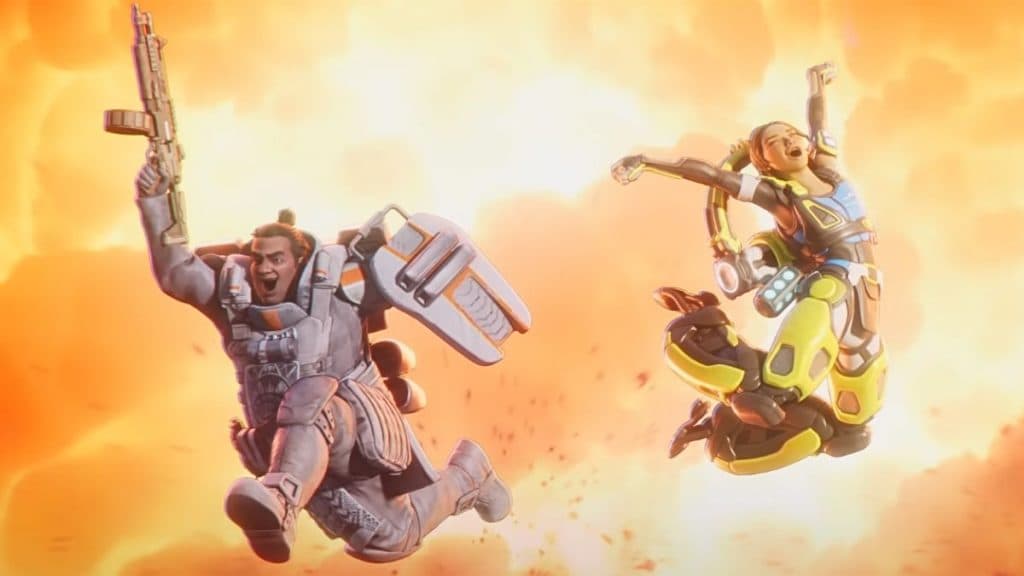 gibraltar and conduit celebrating mid-air in apex legends ignite trailer