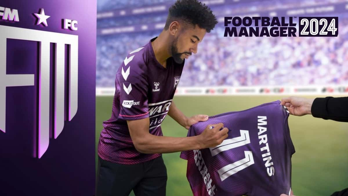 Football Manger 2024 key art of player signing a jersey