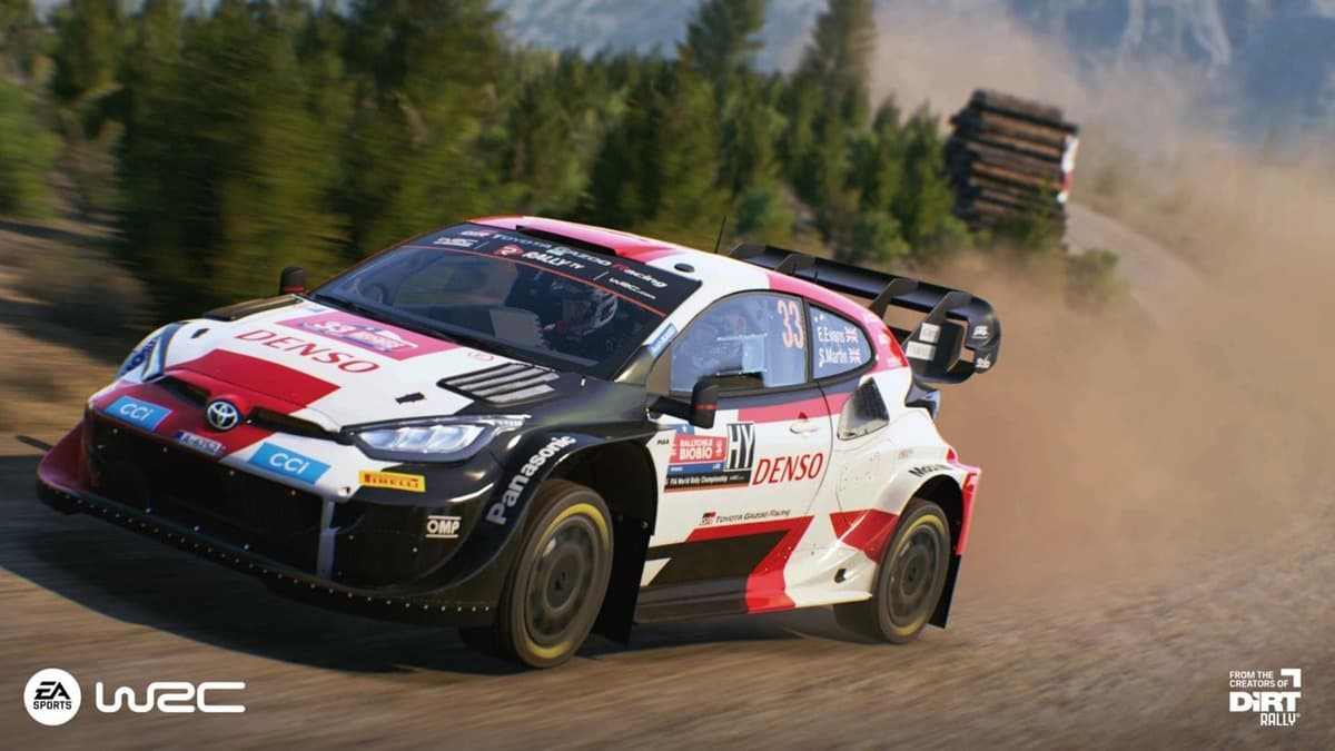 A driver takes a turn with their codriver in ea sports wrc