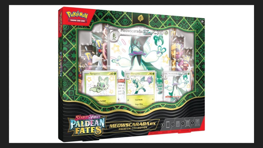 Meowscarada Collectors Box from Paldean Fates Pokemon TCG.