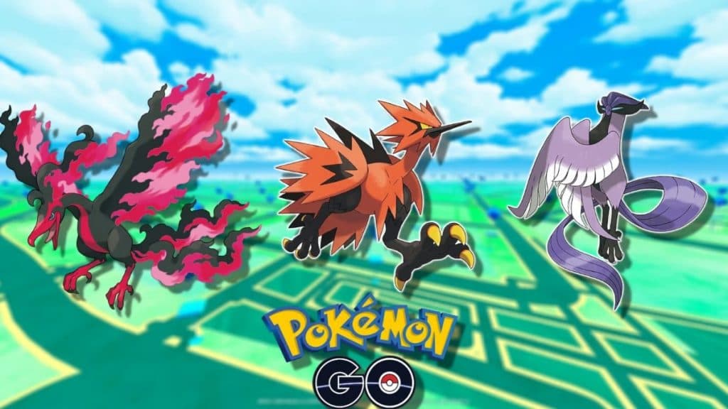 pokemon go galarian moltres, zapdos, and articuno with game background