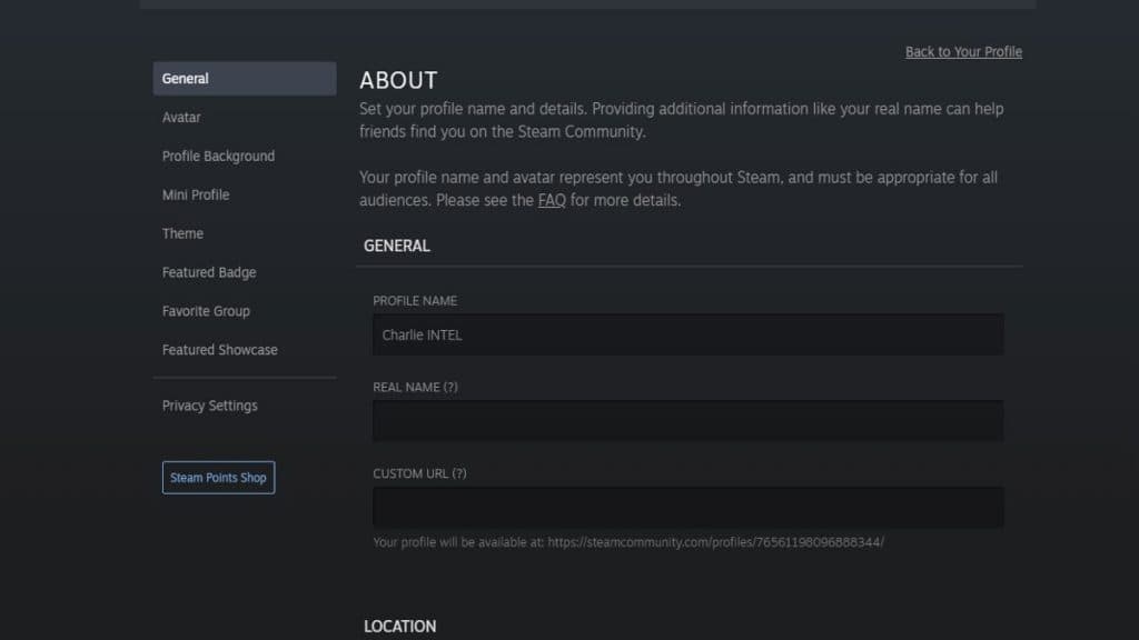 Edit Profile options on Steam