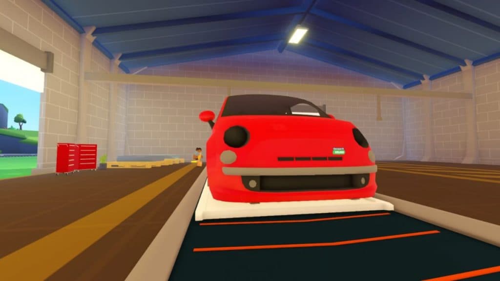 A red car in Car Factory Tycoon on Roblox.