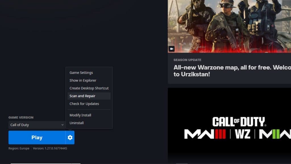 Call of Duty Scan and Repair on Battle.net