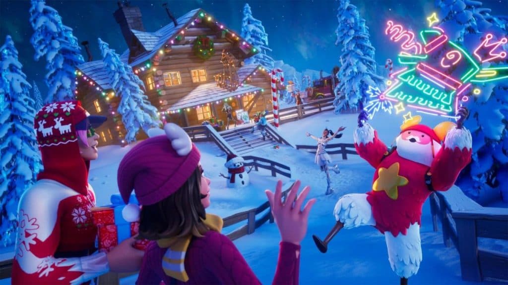 Fortnite Winterfest characters near cabin