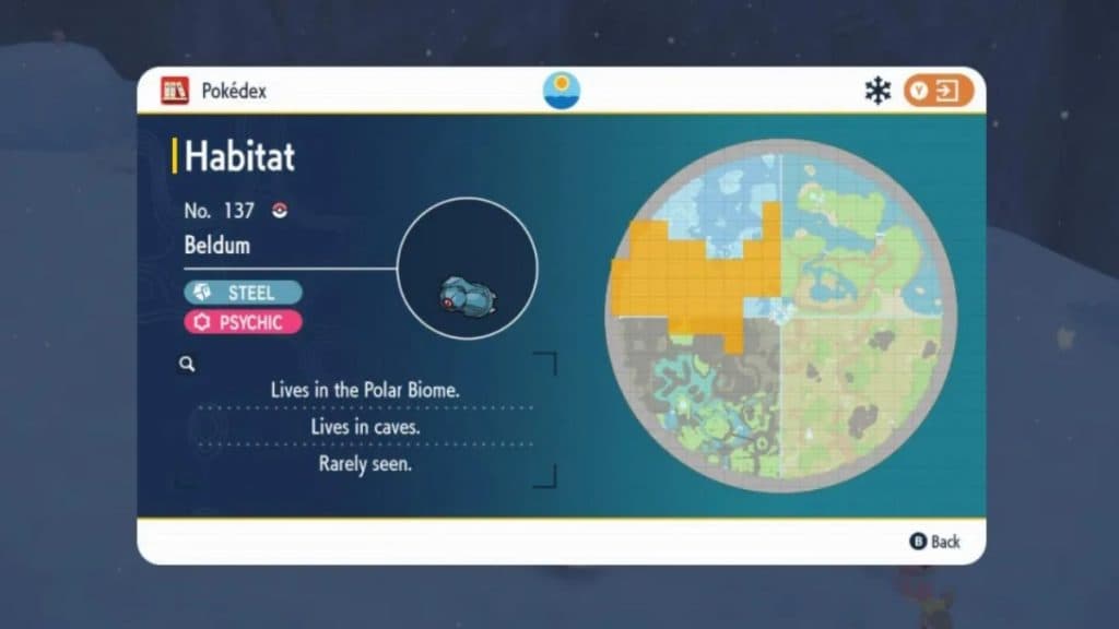 pokemon scarlet and violet indigo disk dlc species beldum location in polar biome