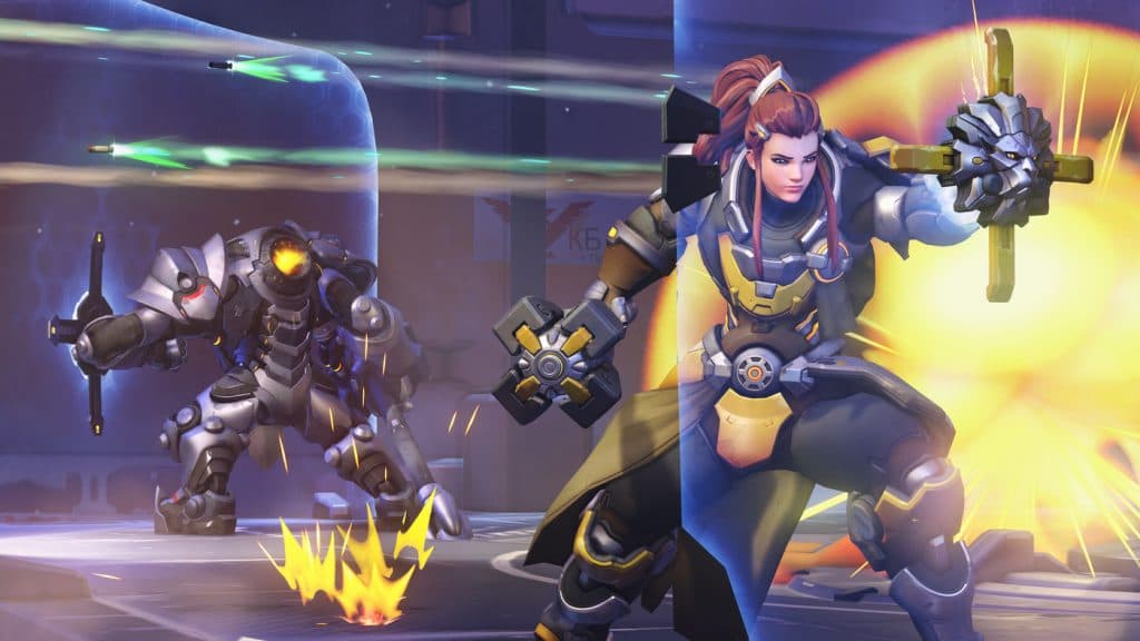 Brigitte and Reinhardt in Overwatch with their shields up