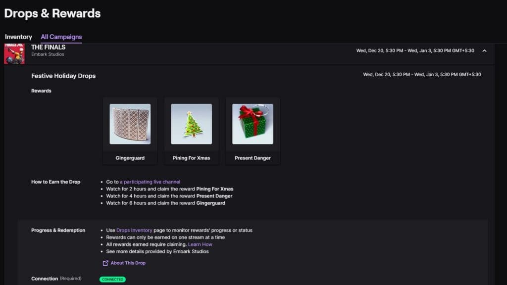 The Finals Festive Holiday Twitch Drops campaign page