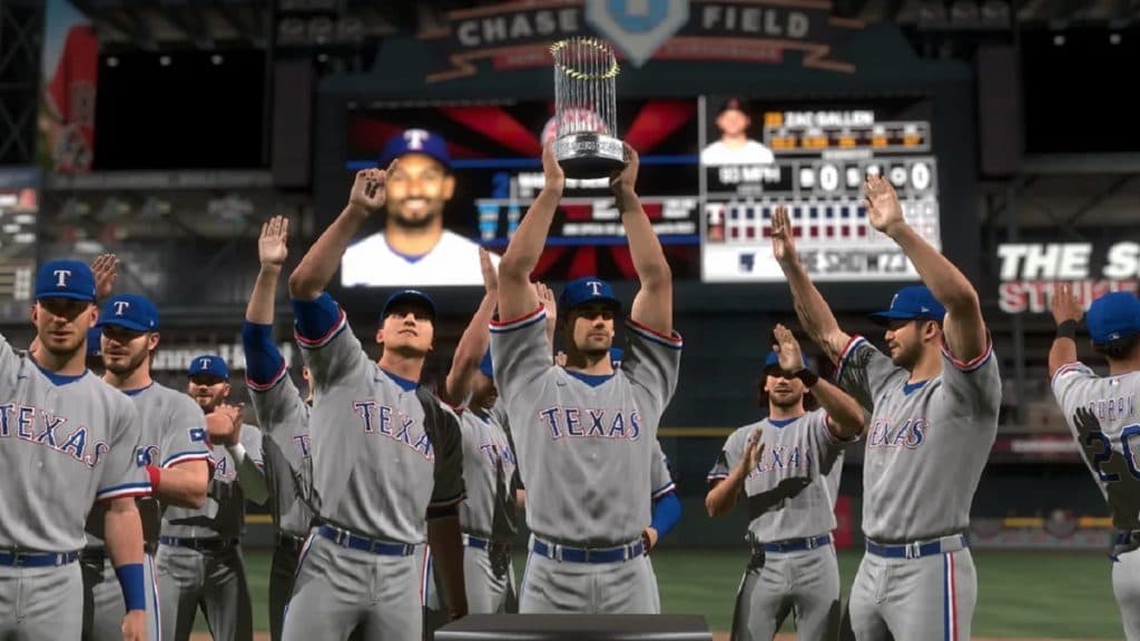 Texas Rangers celebrating the MLB Championship in MLB The Show 24.