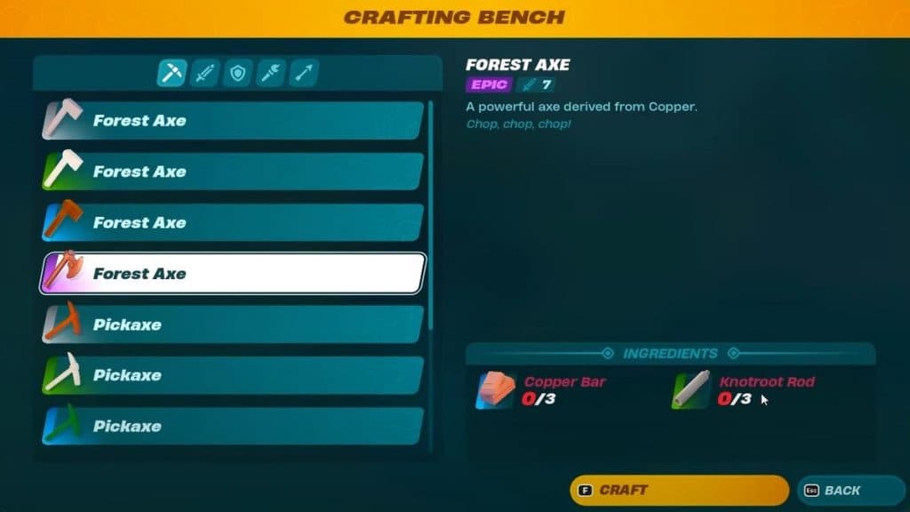 LEGO Fortnite Crafting Bench menu Level 3