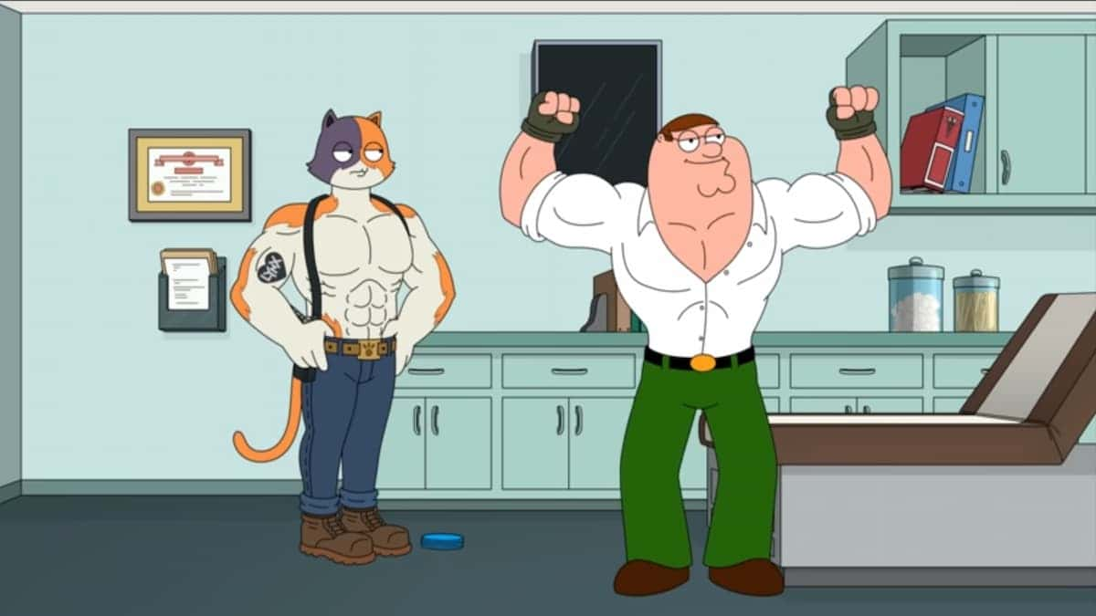 An image of Meowscles and Peter Griffin in a Fortnite cinematic short.