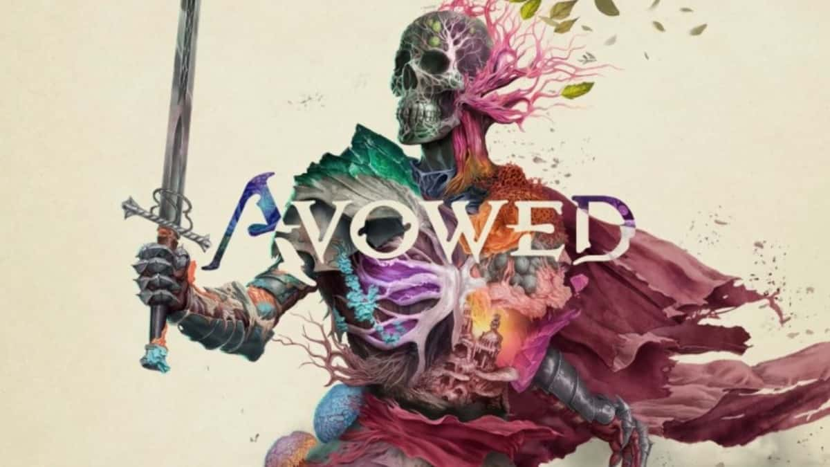 Skeleton with vibrant sections on the cover art of Avowed