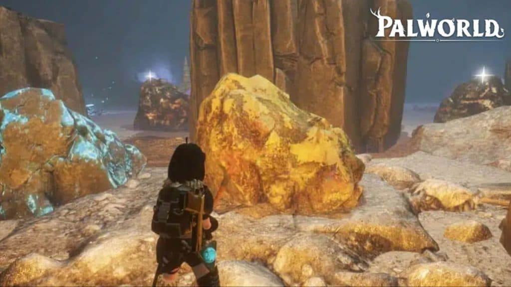 A player about to mine a sulfur node in Palworld.