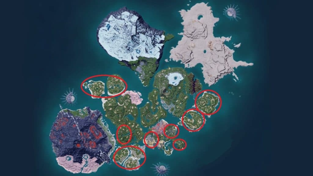 Palworld map with Lamball spawn locations marked