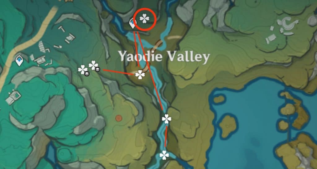 a marked route showing detail on clearwater jade location genshin impact