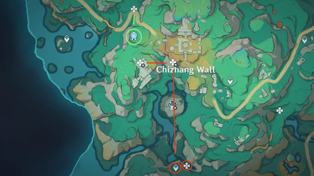 a marked route showing detail on clearwater jade location genshin impact